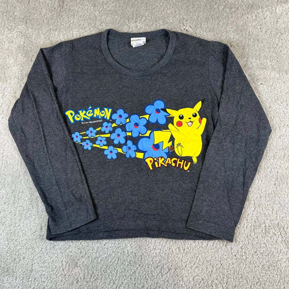 Vintage 1999 Pokemon Long Sleeve T-Shirt Kid 7/8 Gray Pikachu Flower Graphic USA